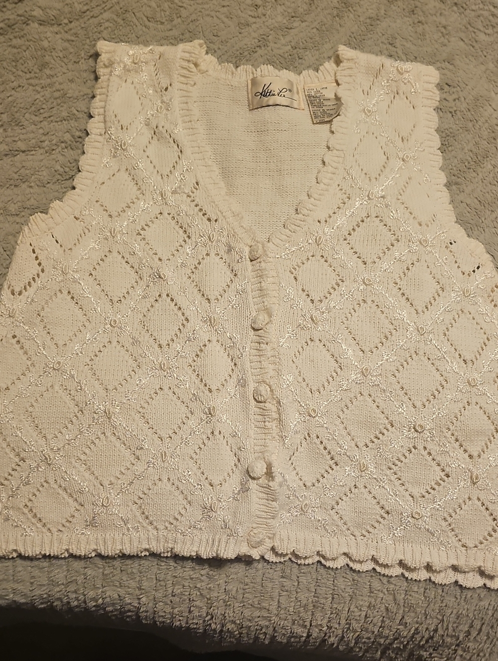 Vest Sweater Cream Eyelet Knit Large Crochet Vintage Retro 80s 90s